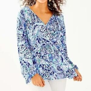 Lilly Pulitzer Willa Tunic Blouse Long Sleeve V Neck Blue White Rayon Large